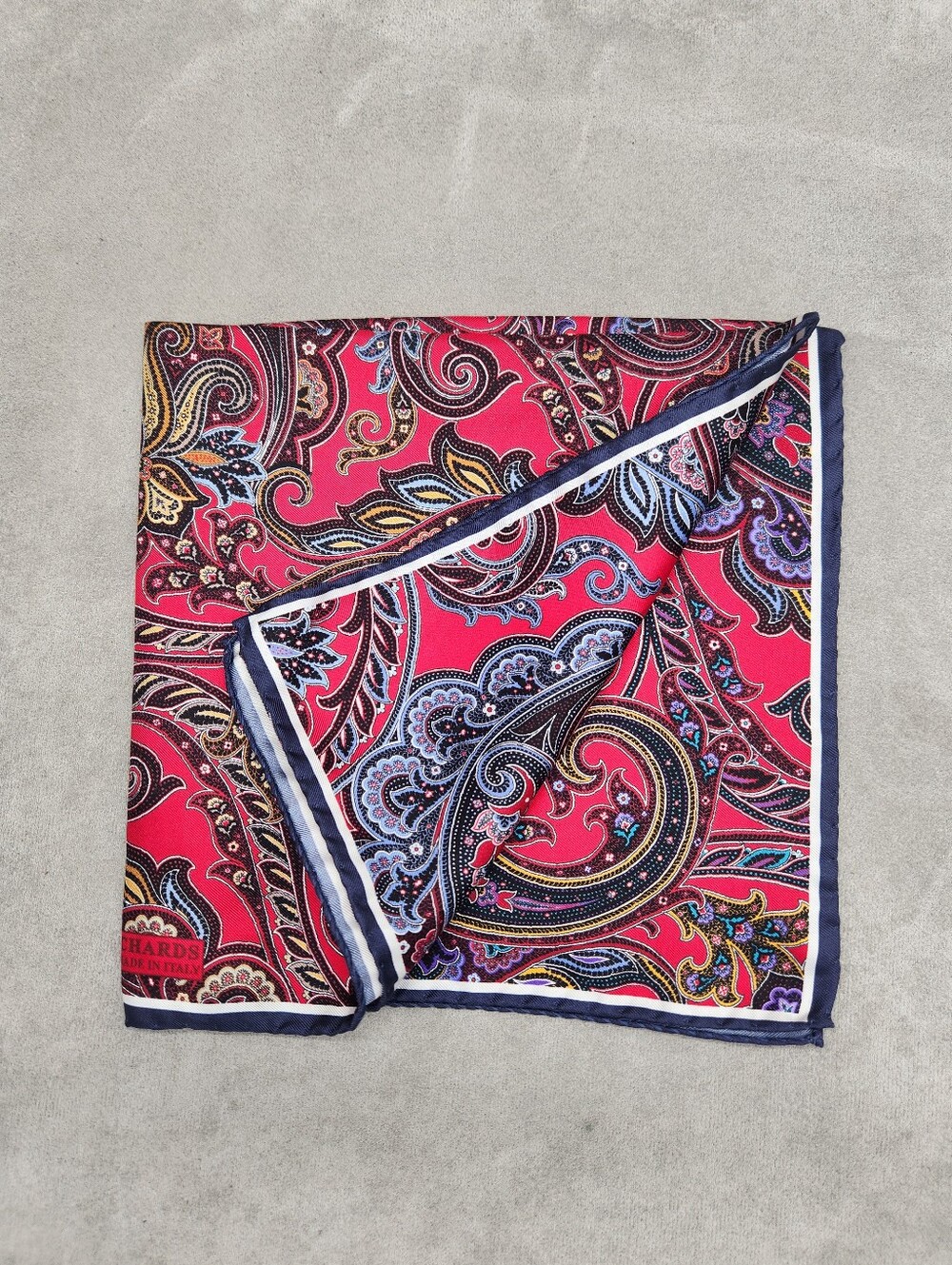 JZ Richards Pocket Square Red Golden 100% Silk 4 panels Paisley Pochette New $50
